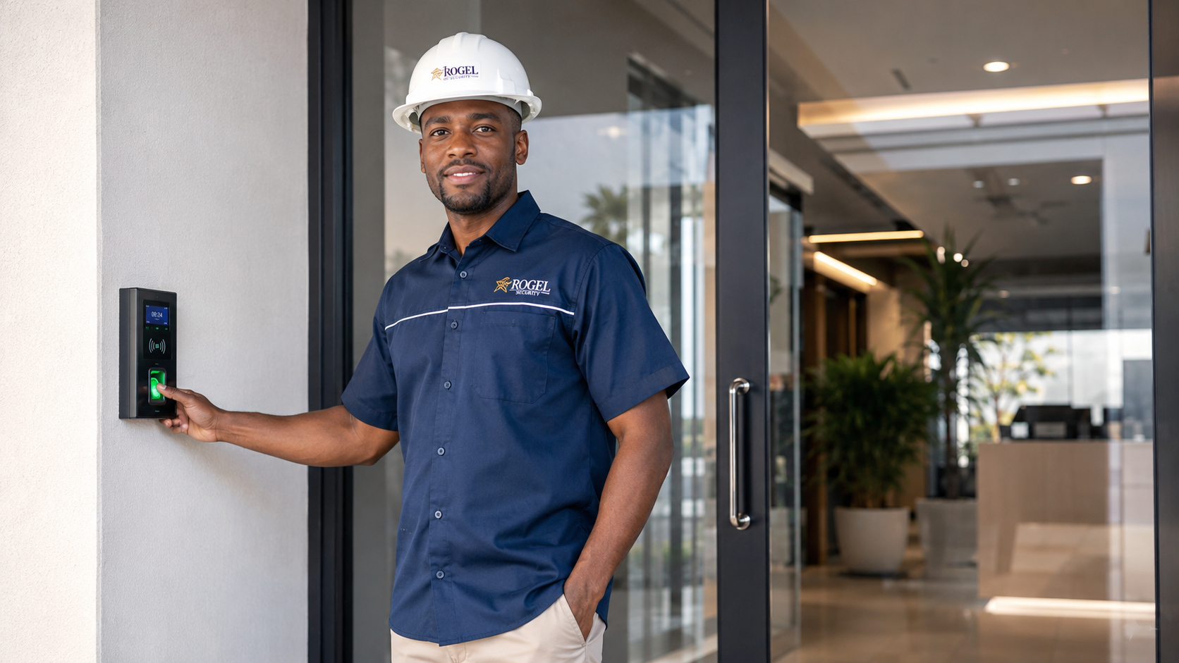 Rogel technician using a biometric access-control system
