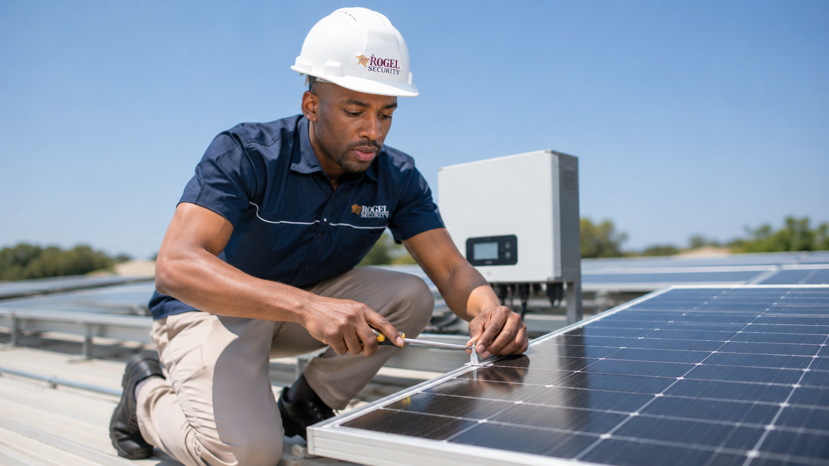 Rogel technician installing solar panels